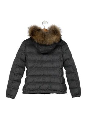 Moncler Kids Dark Gray Puffer Jacket with Brown Fur Trim Hood